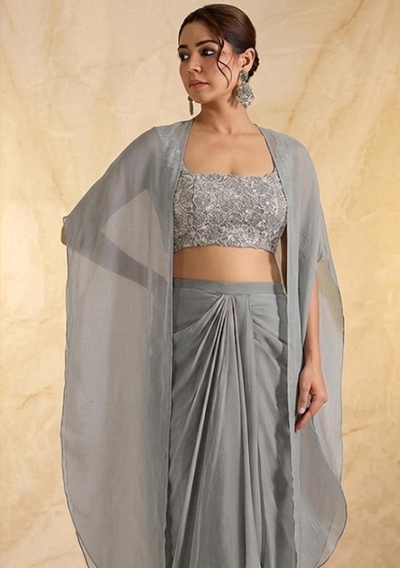 Grey Embroidered Handwork Fusion Set - Indya