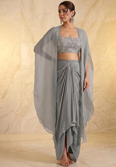 Grey Embroidered Handwork Fusion Set