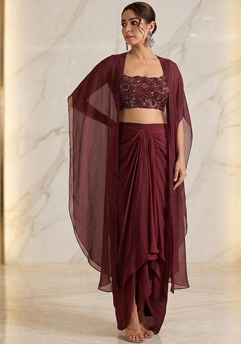 Wine Embroidered Handwork Fusion Set