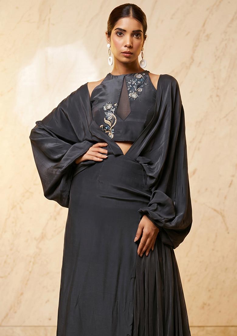 Black Embroidered Handwork Fusion Set - Indya