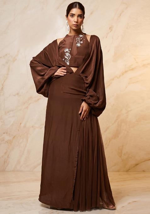 Brown Embroidered Handwork Fusion Set