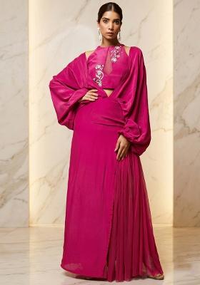 Hot Pink Embroidered Handwork Fusion Set