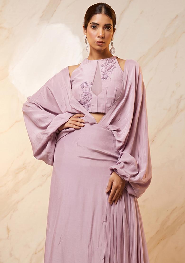 Lilac Embroidered Handwork Fusion Set - Indya