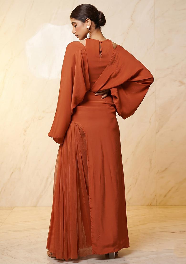 Rust Embroidered Handwork Fusion Set - Indya