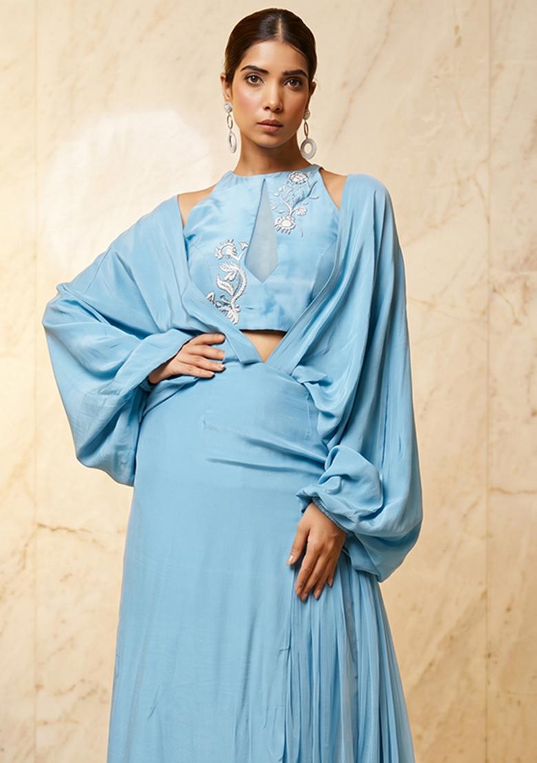 Light Blue Embroidered Handwork Fusion Set - Indya