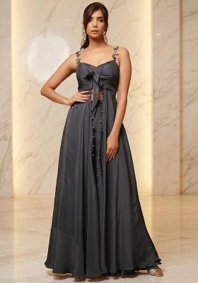 Dark Grey Embroidered Handwork Fusion Set