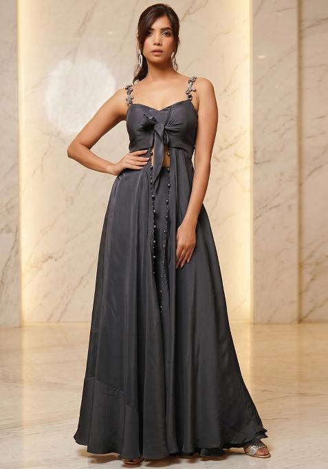 Dark Grey Embroidered Handwork Fusion Set