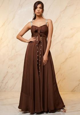 Brown Embroidered Handwork Fusion Set