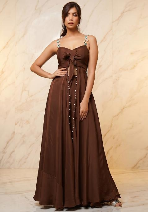 Brown Embroidered Handwork Fusion Set