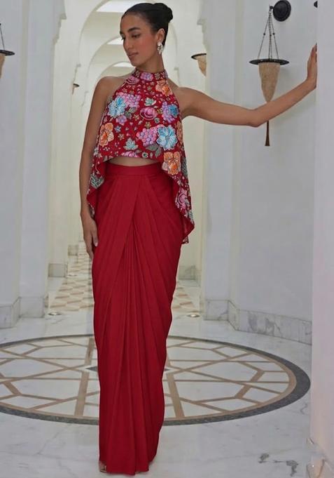 Red Printed Crepe Fusion Set