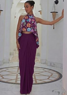Purple Printed Crepe Fusion Set