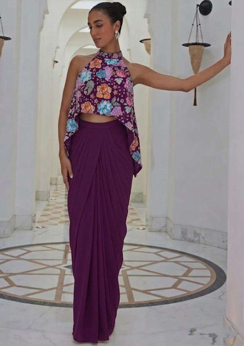 Purple Printed Crepe Fusion Set - Indya