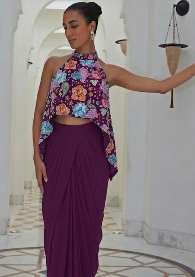 Purple Printed Crepe Fusion Set - Indya