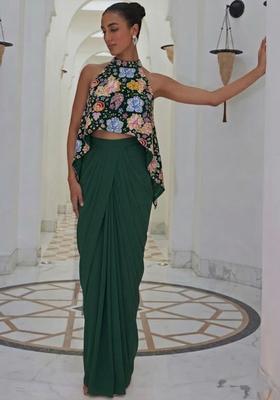 Dark Green Printed Crepe Fusion Set