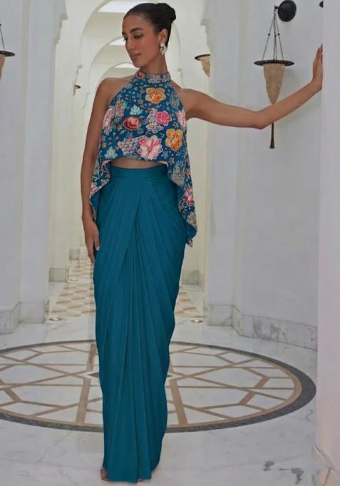 Blue Printed Crepe Fusion Set