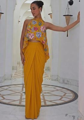 Mustard Yellow Printed Crepe Fusion Set