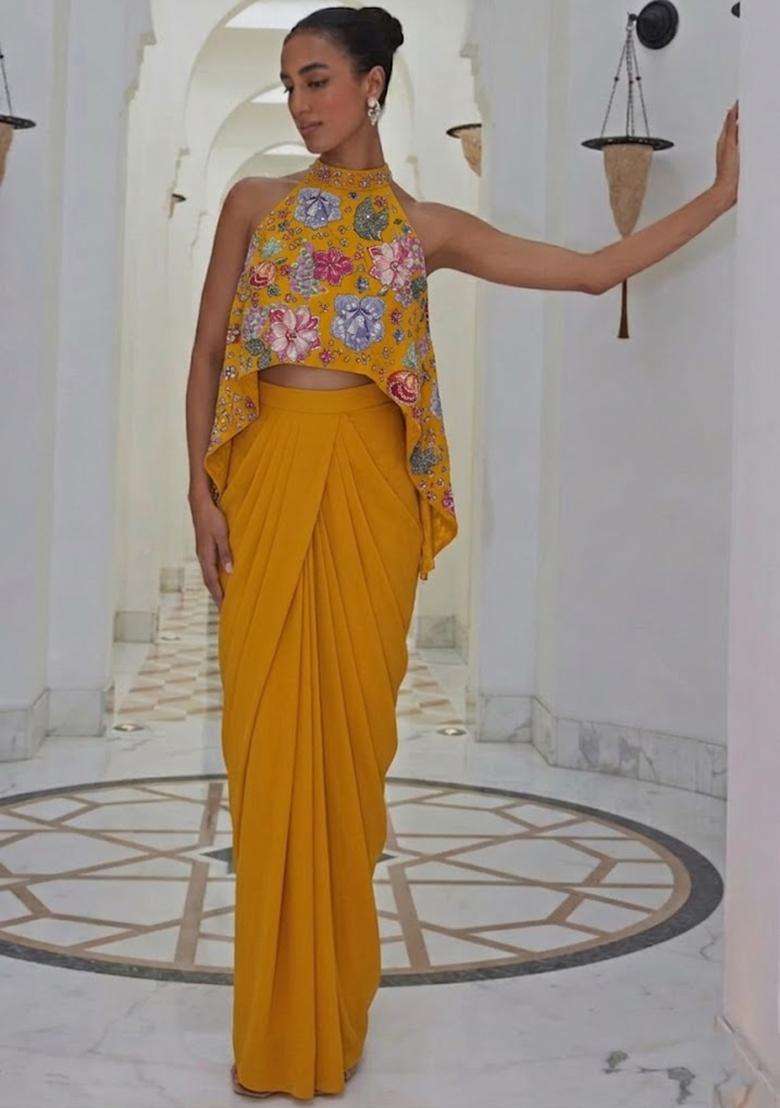 Mustard Yellow Printed Crepe Fusion Set - Indya