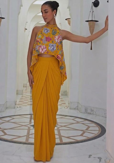 Mustard Yellow Printed Crepe Fusion Set