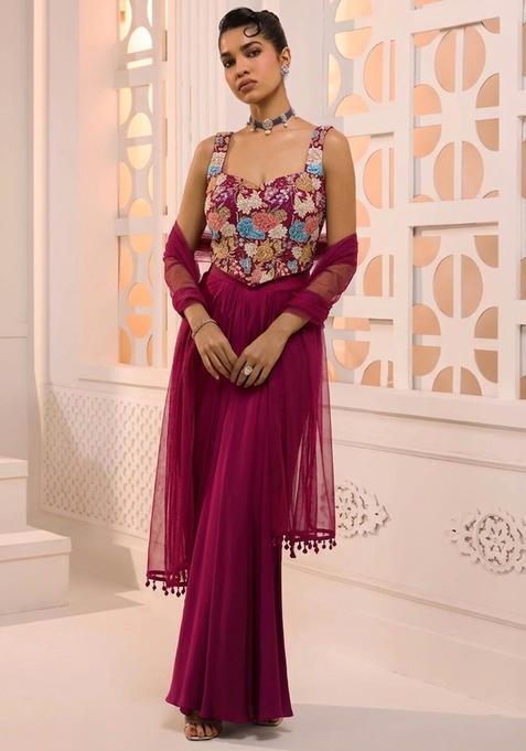 Dark Pink Printed Crepe Fusion Set