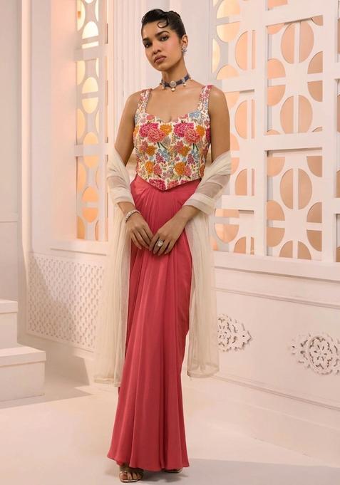 Dark Peach Printed Crepe Fusion Set