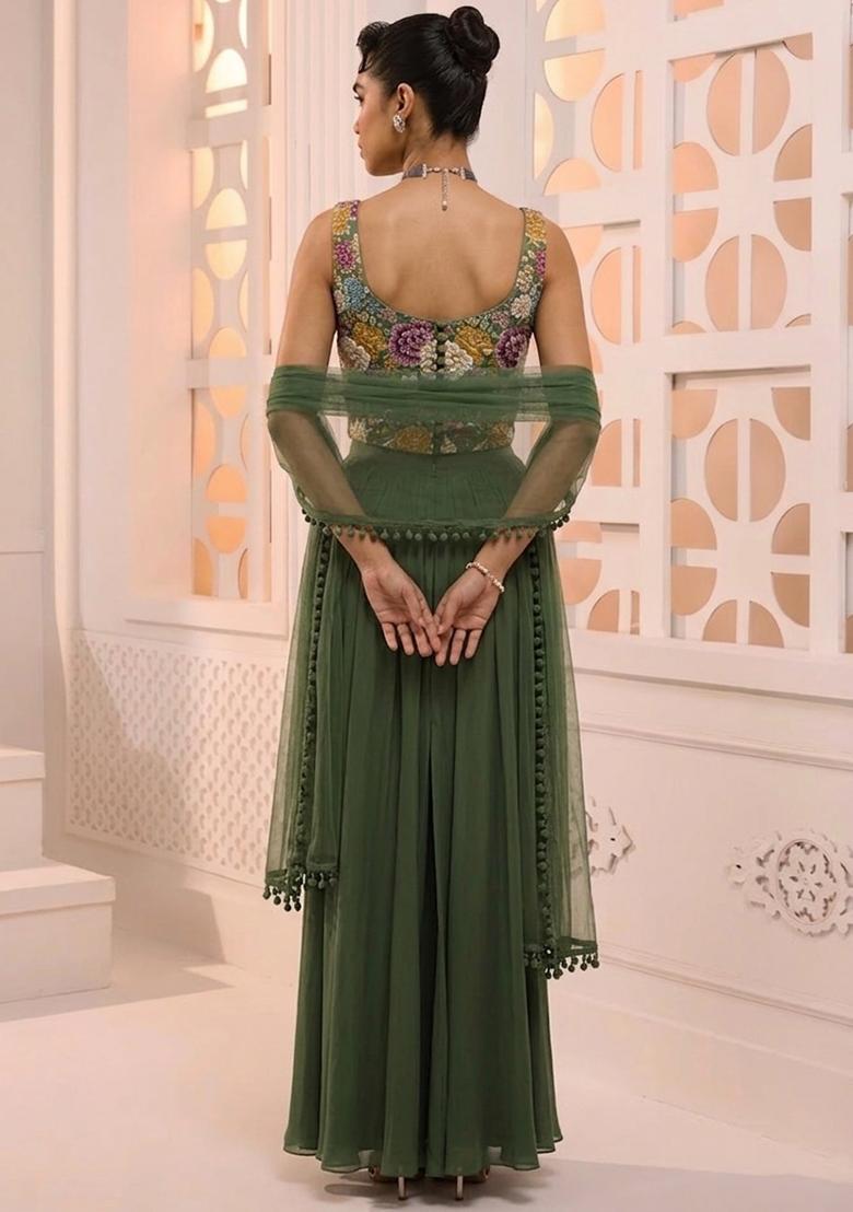 Green Printed Crepe Fusion Set - Indya