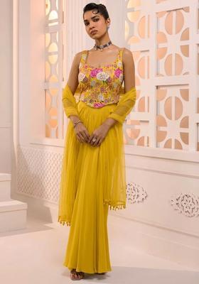Yellow Printed Crepe Fusion Set