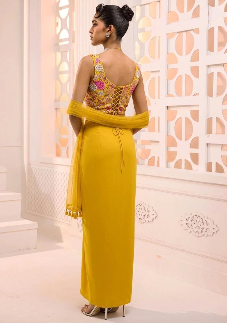 Yellow Printed Crepe Fusion Set - Indya