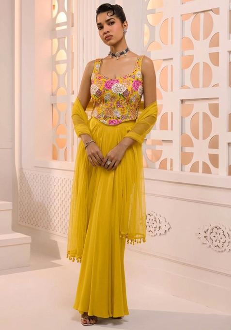 Yellow Printed Crepe Fusion Set