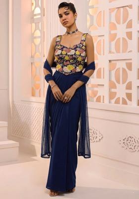 Navy Blue Printed Crepe Fusion Set