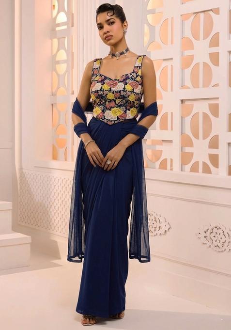 Navy Blue Printed Crepe Fusion Set