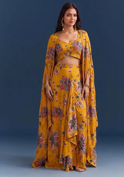 Mustard Yellow Printed Organza Fusion Set
