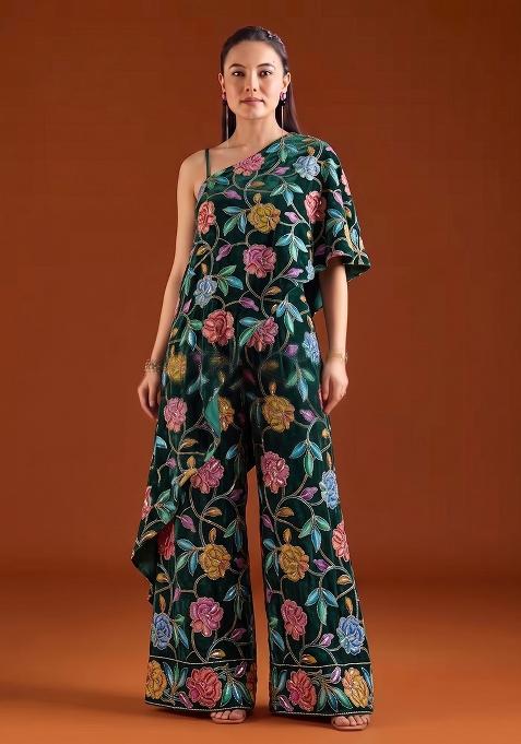 Dark Green Printed Crepe Fusion Set