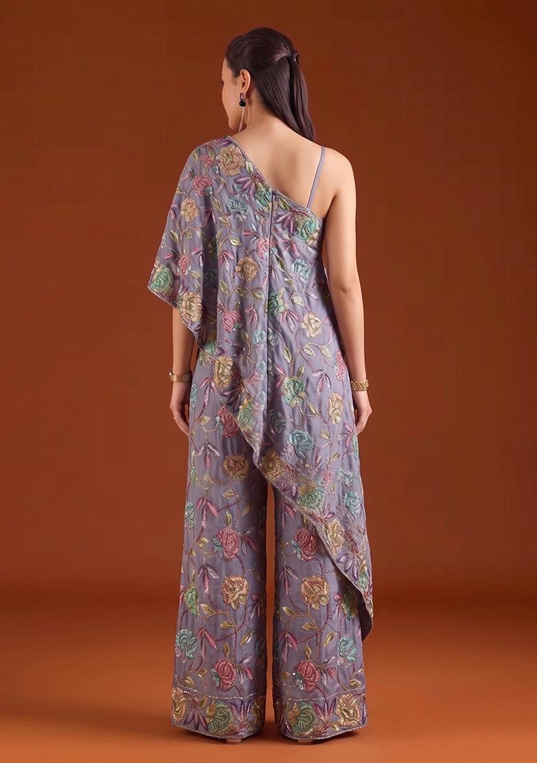 Dusty Purple Printed Crepe Fusion Set - Indya
