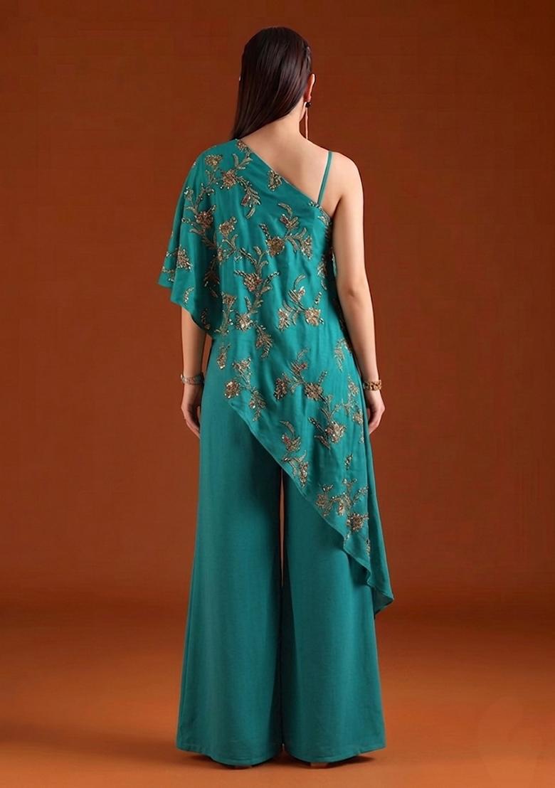 Dark Teal Embroidered Tissue Fusion Set - Indya