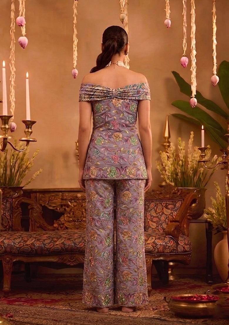 Dusty Purple Printed Crepe Fusion Set - Indya