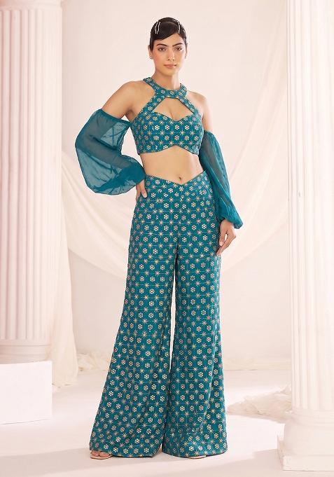 Teal Sequin Georgette Fusion Set