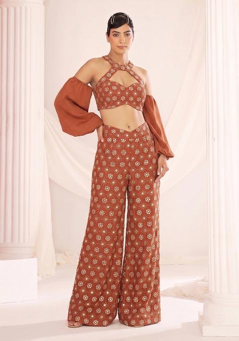 Light Brown Sequin Georgette Fusion Set