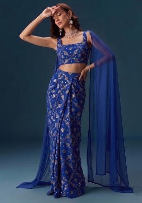 Dark Blue Embroidered Georgette Fusion Set