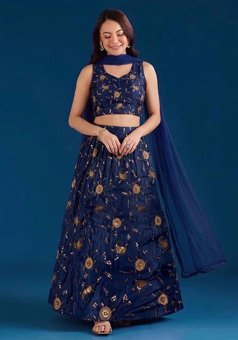 Navy Blue Embroidered Tissue Lehenga Set
