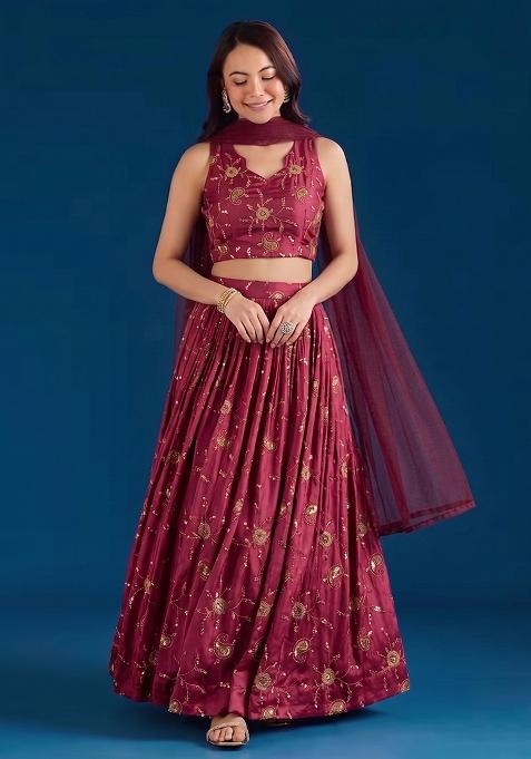 Rani Pink Embroidered Tissue Lehenga Set