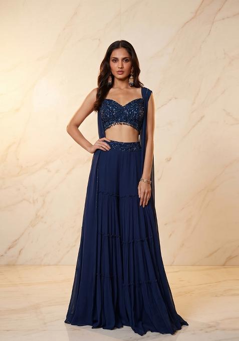 Navy Blue Embroidered Handwork Fusion Set