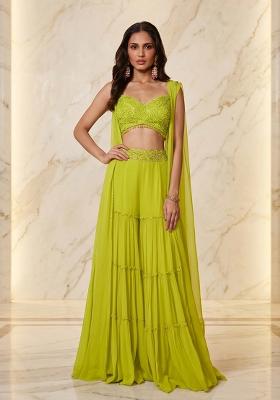 Lime Green Embroidered Handwork Fusion Set
