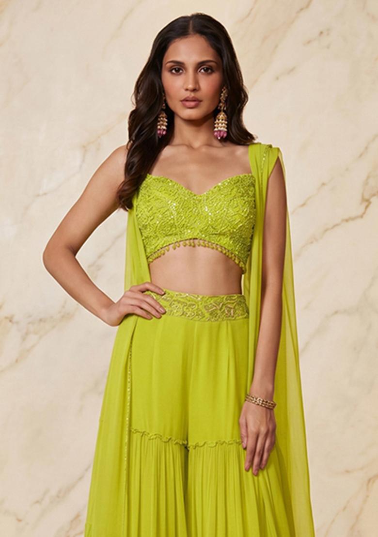 Lime Green Embroidered Handwork Fusion Set - Indya