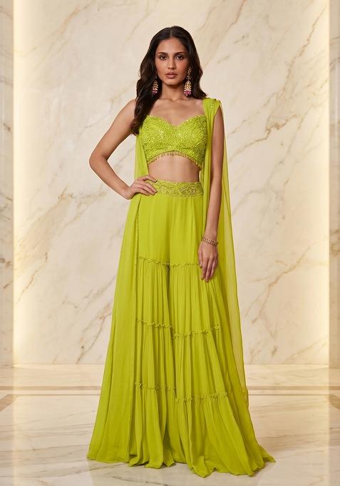 Lime Green Embroidered Handwork Fusion Set