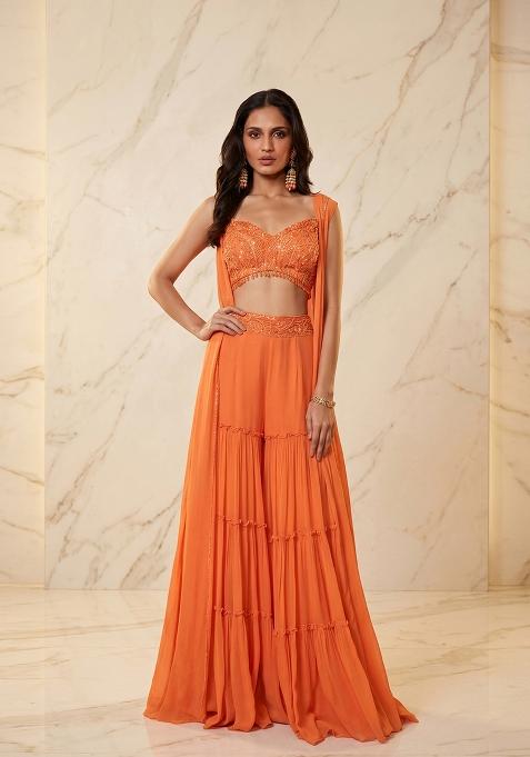 Peach Embroidered Handwork Fusion Set