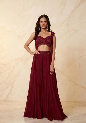 Deep Red Embroidered Handwork Fusion Set