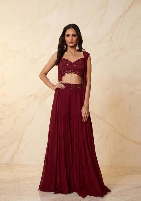 Deep Red Embroidered Handwork Fusion Set