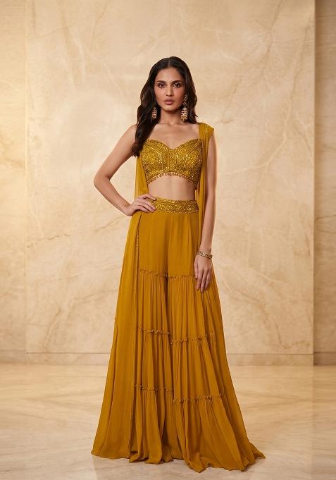 Mustard Yellow Embroidered Handwork Fusion Set