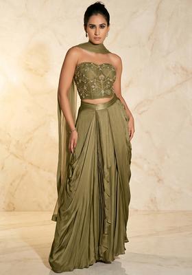 Olive Embroidered Handwork Fusion Set