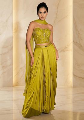 Lime Green Embroidered Handwork Fusion Set